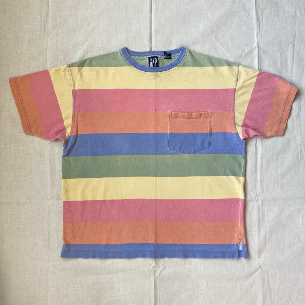 Vintage GAP Pique Pocket T Shirt | Faded Multicolored Stripes | Size S